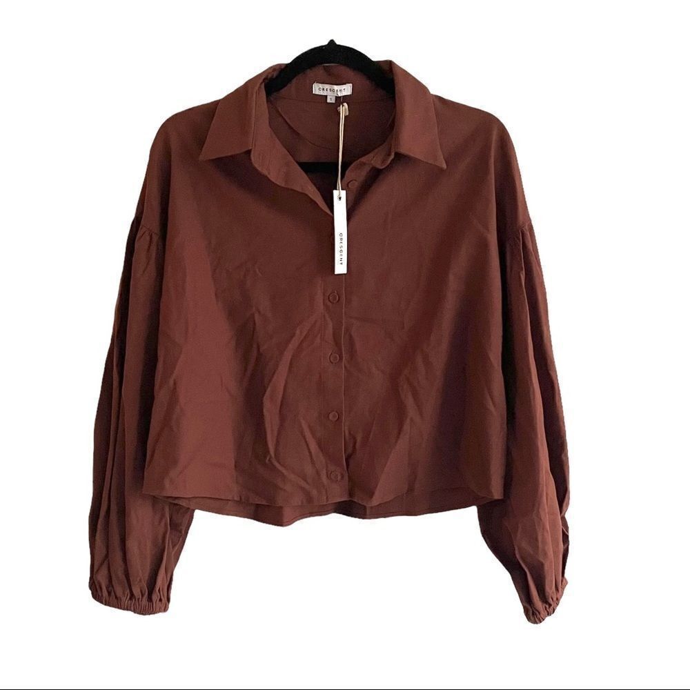 CRESCENT Linen Brown Cropped Button Front Blouse S